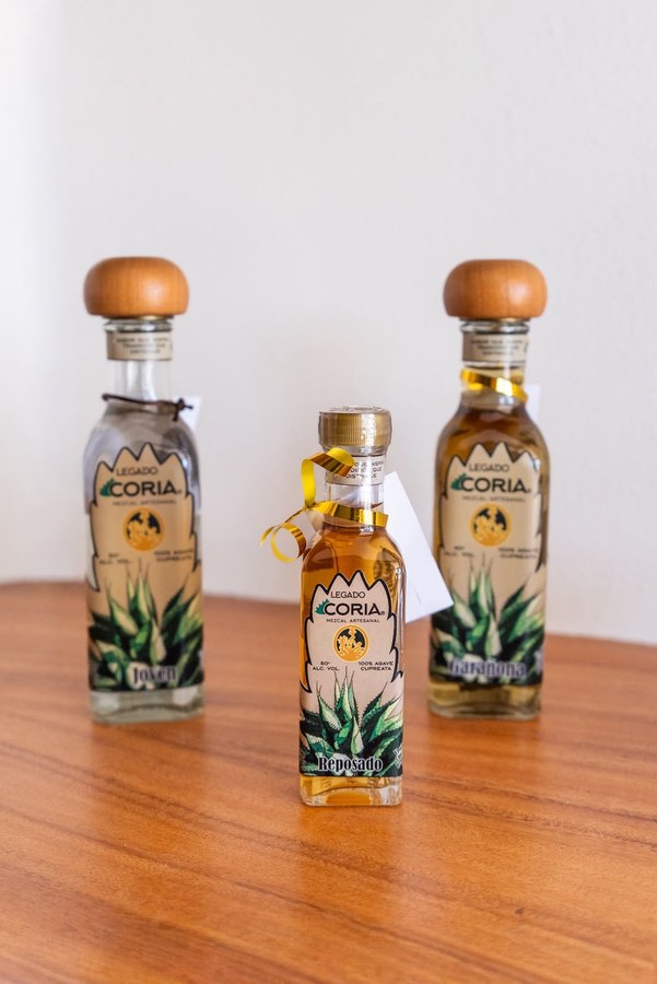 Mezcales artesanales Legado Coria de Guerrero exhibidos en Casa Zihua, en Zihuatanejo