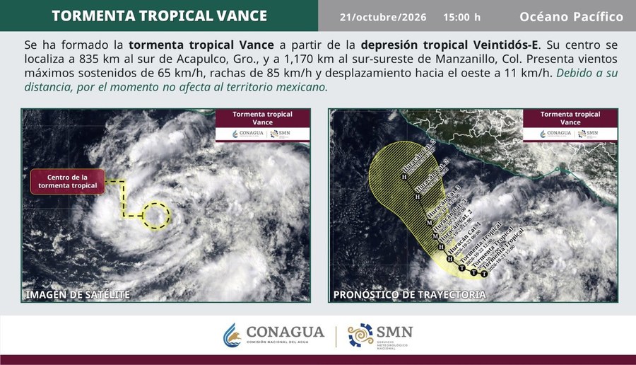 Se forma la Tormenta Tropical Vance en el Océano Pacífico; sin afectación a Guerrero